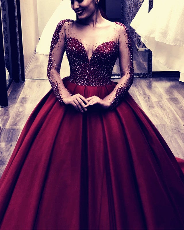 Tulle Long Sleeves Satin Wedding Dresses Ball Gown Beaded Bodice
