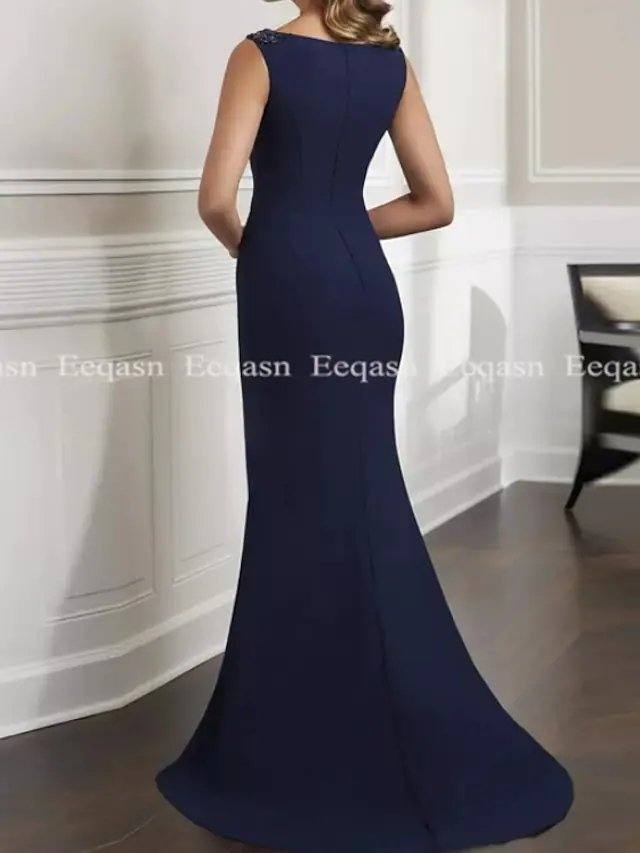 Mermaid / Trumpet Mother of the Bride Dress Elegant Jewel Neck Floor Length Chiffon Short Sleeve with Beading - RongMoon