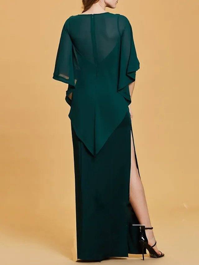 Sheath / Column Mother of the Bride Dress Elegant Jewel Neck Floor Length Chiffon Lace 3/4 Length Sleeve with Split Front - RongMoon