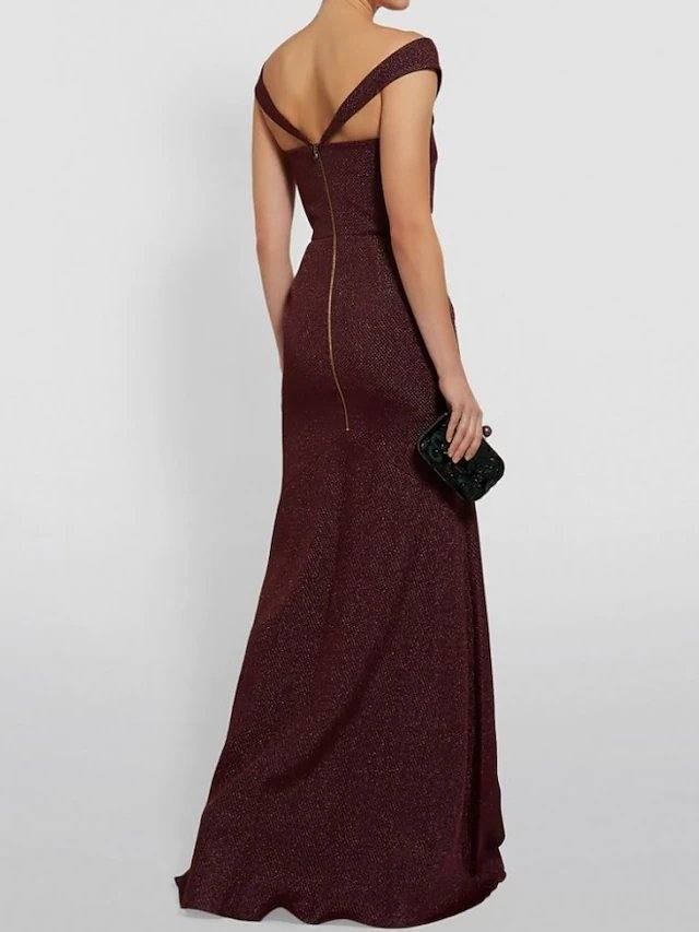 Mermaid / Trumpet Mother of the Bride Dress Sexy Off Shoulder Floor Length Polyester Short Sleeve with Criss Cross Split Front - RongMoon