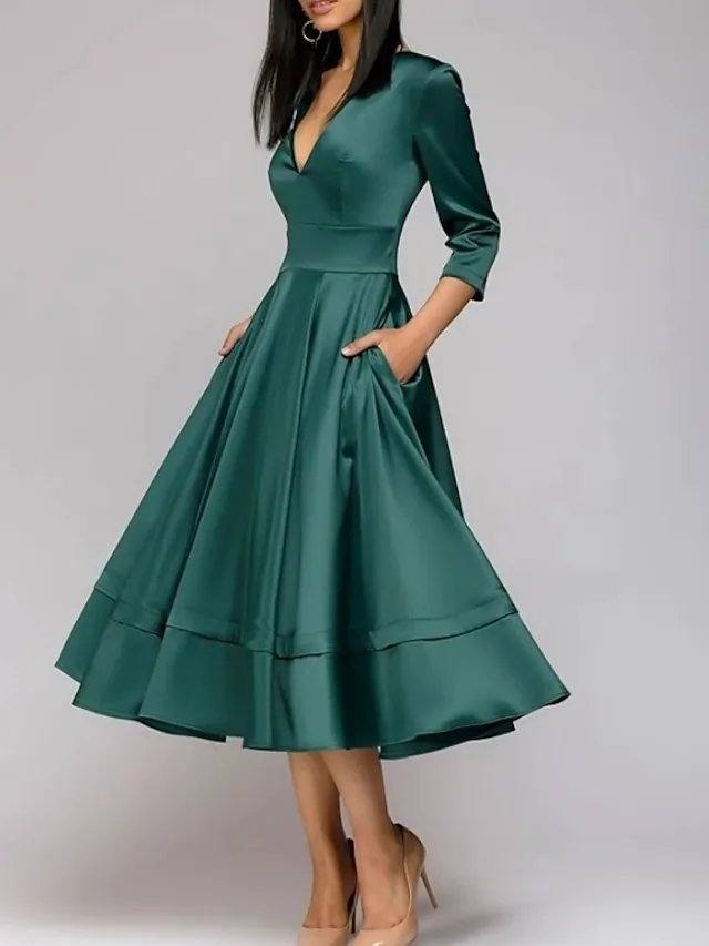 A-Line Mother of the Bride Dress Elegant V Neck Tea Length Satin 3/4 Length Sleeve with Pleats - RongMoon