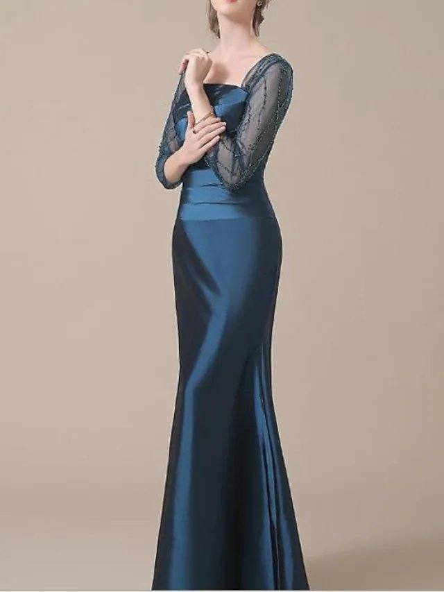 Mermaid / Trumpet Mother of the Bride Dress Elegant Jewel Neck Floor Length Satin 3/4 Length Sleeve with Ruching - RongMoon