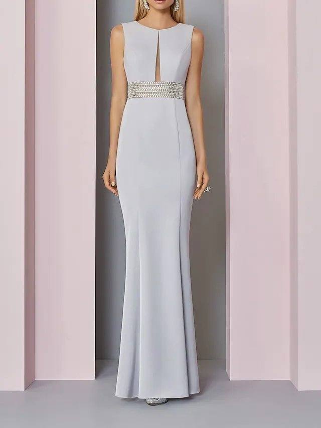 Sheath / Column Mother of the Bride Dress Elegant Jewel Neck Floor Length Stretch Fabric Sleeveless with Sash / Ribbon Sequin - RongMoon