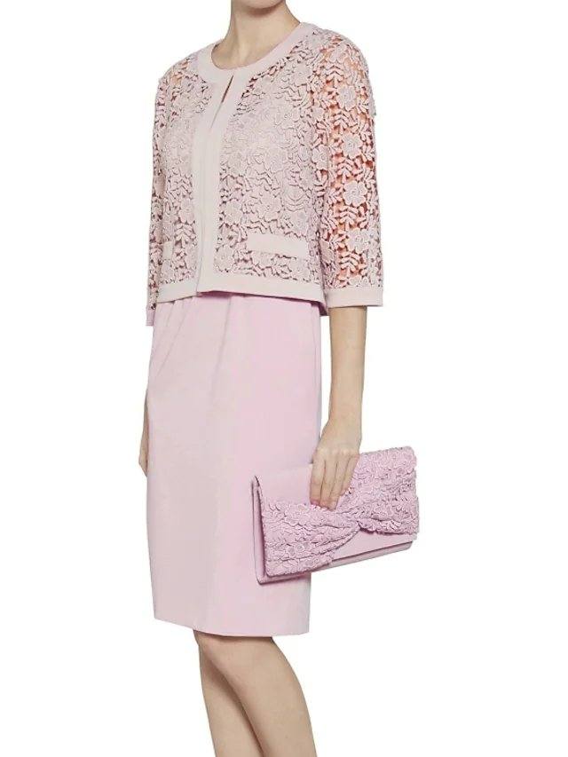 Two Piece Sheath / Column Mother of the Bride Dress Elegant Scoop Neck Knee Length Lace Satin 3/4 Length Sleeve with Appliques - RongMoon