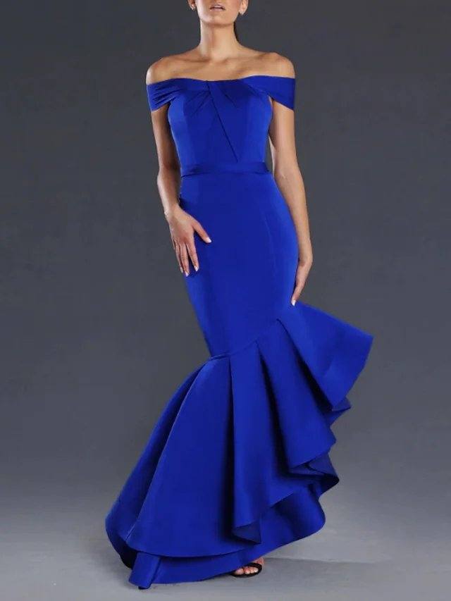 Mermaid / Trumpet Minimalist Sexy Engagement Prom Valentine's Day Dress Off Shoulder Sleeveless Asymmetrical Satin with Sleek Ruffles - RongMoon
