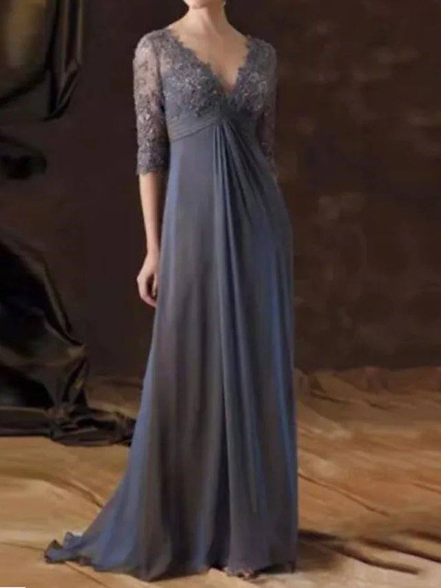 A-Line Mother of the Bride Dress Elegant V Neck Sweep / Brush Train Chiffon Lace Half Sleeve with Pleats Draping - RongMoon