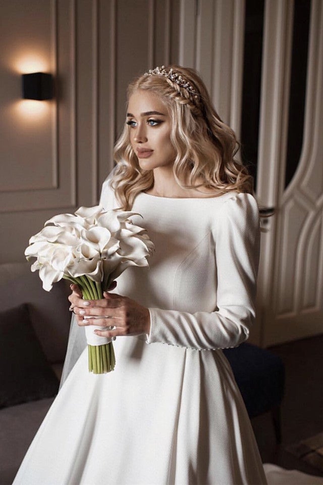 Vintage Wedding Gowns Satin Long Sleeves Bridal Dress