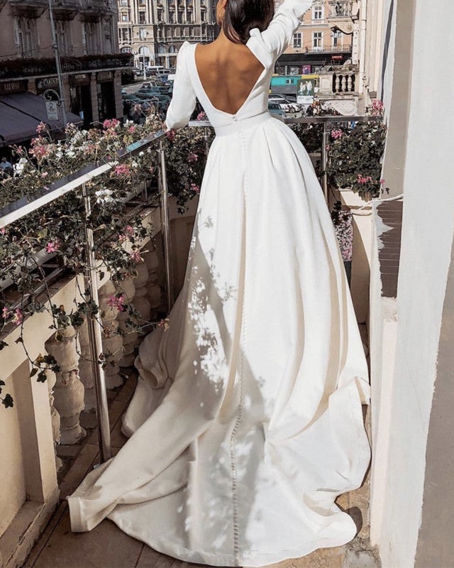 Vintage Wedding Gowns Satin Long Sleeves Bridal Dress