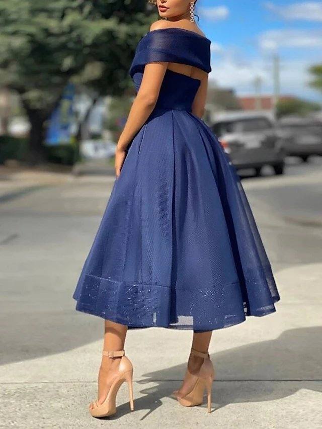 A-Line Empire Minimalist Party Wear Prom Dress Off Shoulder Sleeveless Tea Length Tulle with Pleats - RongMoon