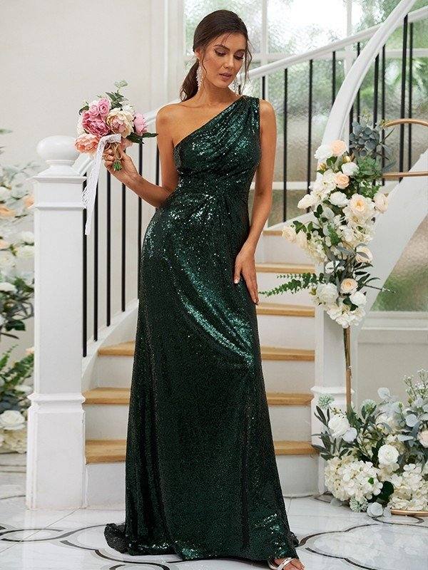 Sheath/Column Sequins Ruched One-Shoulder Sleeveless Sweep/Brush Train Bridesmaid Dresses - RongMoon