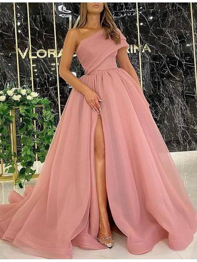 A-Line Luxurious Elegant Engagement Prom Dress One Shoulder Sleeveless Sweep / Brush Train Tulle with Split - RongMoon