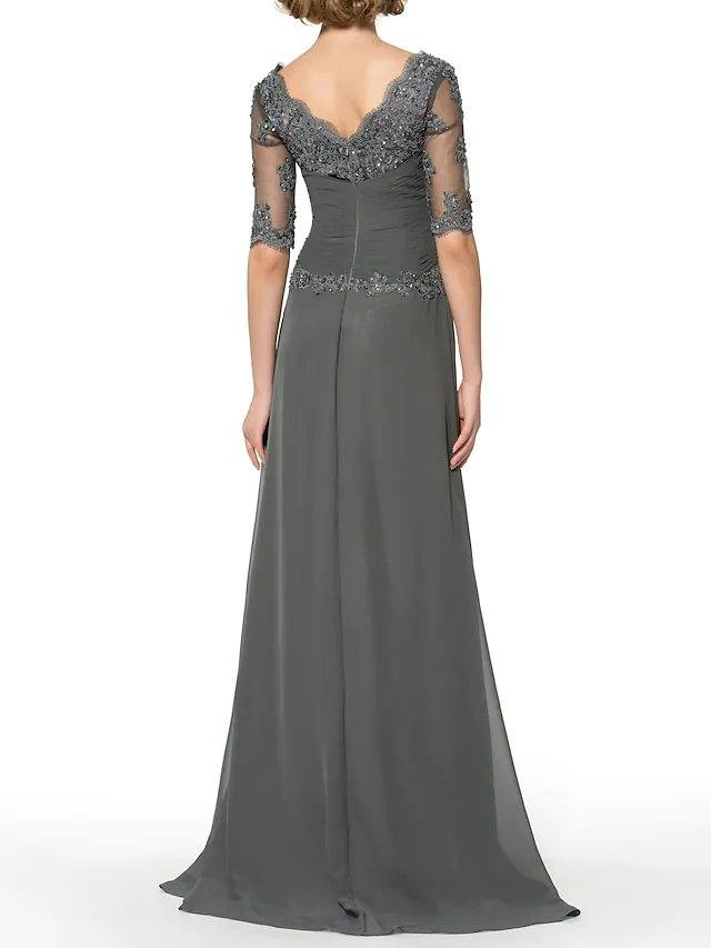 Sheath / Column Mother of the Bride Dress Elegant Sparkle & Shine Jewel Neck Sweep / Brush Train Chiffon Half Sleeve with Beading Sequin Appliques - RongMoon