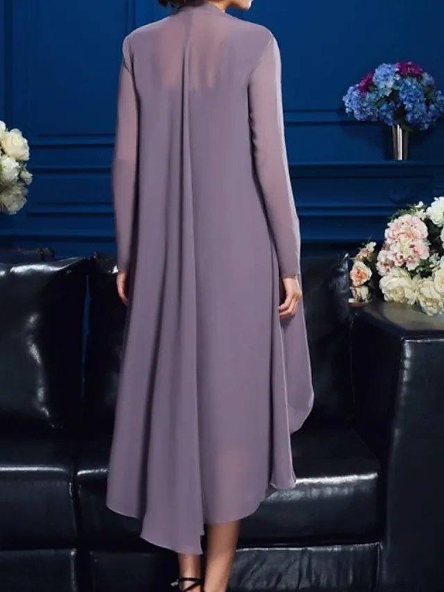 Two Piece Sheath / Column Mother of the Bride Dress Elegant Jewel Neck Knee Length Chiffon Lace Long Sleeve with Appliques - RongMoon