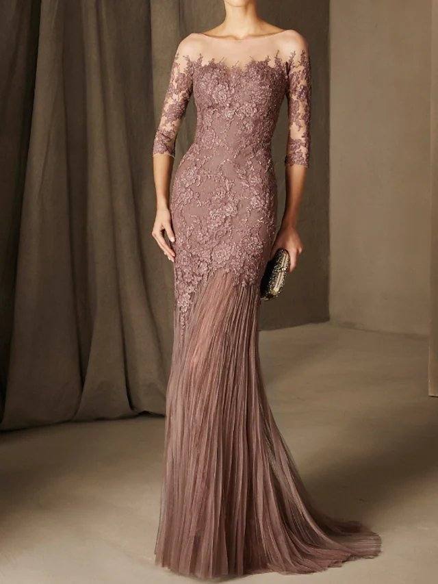Mermaid / Trumpet Elegant Floral Engagement Formal Evening Dress Illusion Neck 3/4 Length Sleeve Sweep / Brush Train Chiffon with Lace Insert - RongMoon
