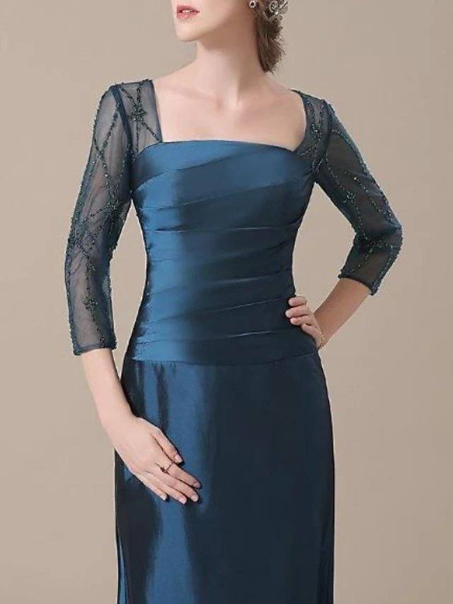 Mermaid / Trumpet Mother of the Bride Dress Elegant Jewel Neck Floor Length Satin 3/4 Length Sleeve with Ruching - RongMoon