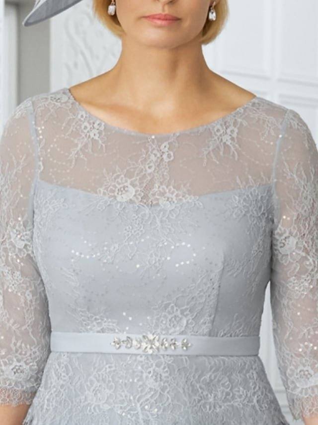 A-Line Mother of the Bride Dress Plus Size Elegant Illusion Neck Jewel Neck Tea Length Chiffon 3/4 Length Sleeve with Pleats Sequin Embroidery - RongMoon