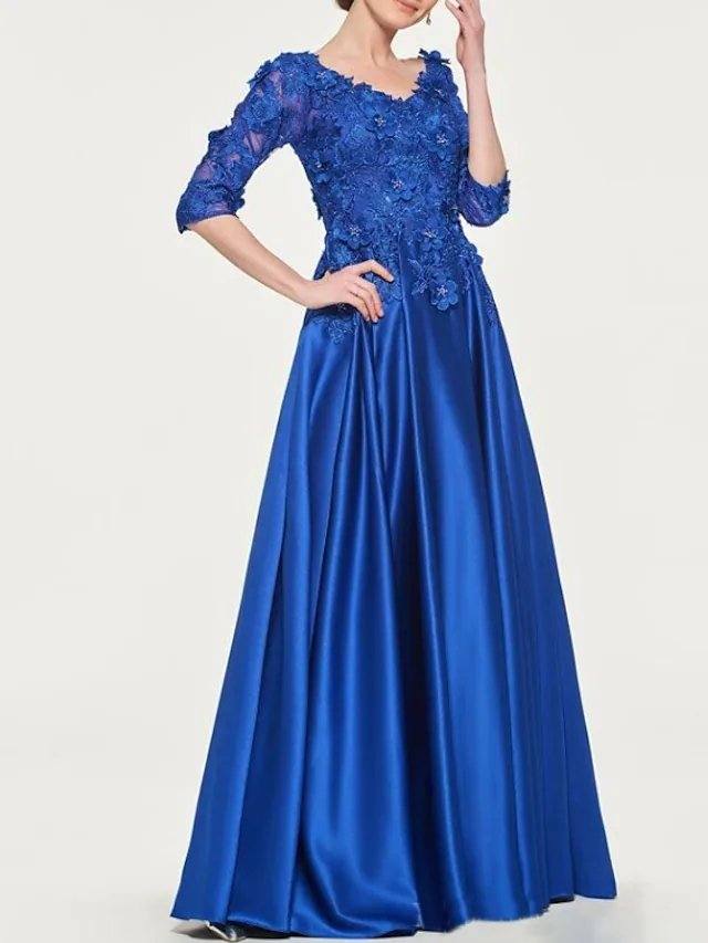 A-Line Mother of the Bride Dress Elegant V Neck Floor Length Lace Satin 3/4 Length Sleeve with Pleats Appliques - RongMoon