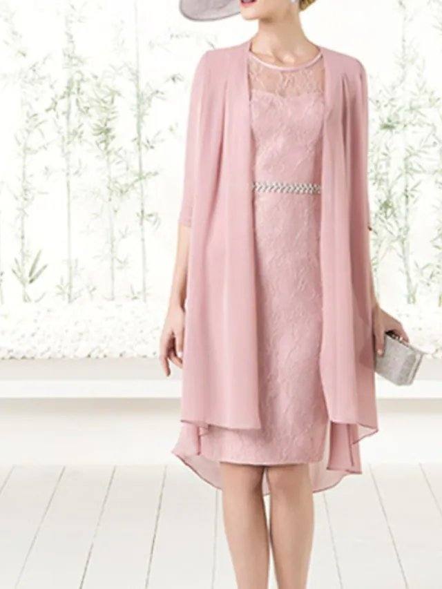 Sheath / Column Mother of the Bride Dress Elegant Jewel Neck Knee Length Chiffon Lace Half Sleeve with Sash / Ribbon - RongMoon