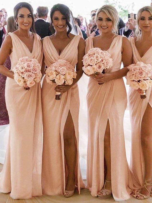 Mermaid / Trumpet V Neck Sweep / Brush Train Chiffon Bridesmaid Dress with Pleats / Split Front / Ruching - RongMoon