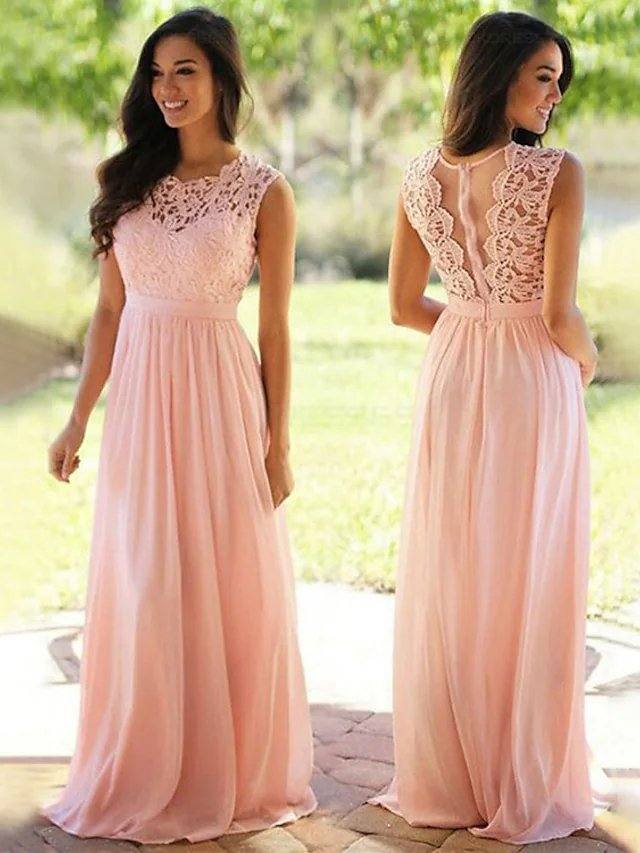 A-Line Jewel Neck Floor Length Chiffon / Lace Bridesmaid Dress with Sash / Ribbon / Pleats - RongMoon