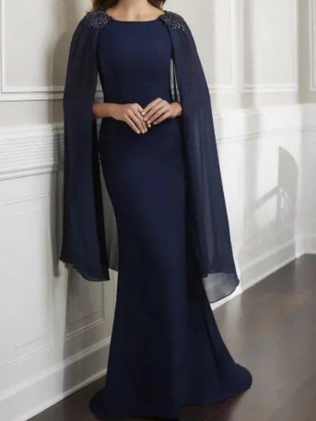 Mermaid / Trumpet Mother of the Bride Dress Elegant Jewel Neck Floor Length Chiffon Short Sleeve with Beading - RongMoon