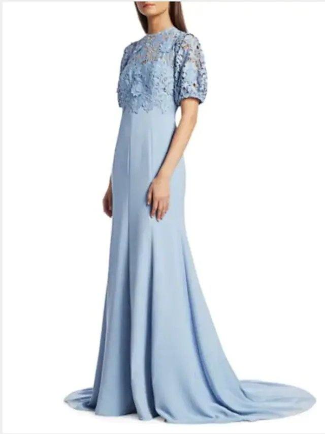 Sheath / Column Mother of the Bride Dress Elegant Jewel Neck Sweep / Brush Train Polyester Short Sleeve with Appliques - RongMoon