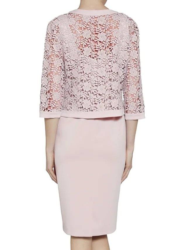 Two Piece Sheath / Column Mother of the Bride Dress Elegant Scoop Neck Knee Length Lace Satin 3/4 Length Sleeve with Appliques - RongMoon