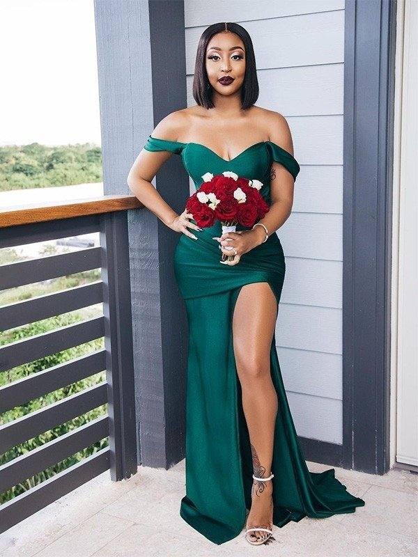 Sheath/Column Off-the-Shoulder Elastic Woven Satin Ruched Sleeveless Sweep/Brush Train Bridesmaid Dresses - RongMoon