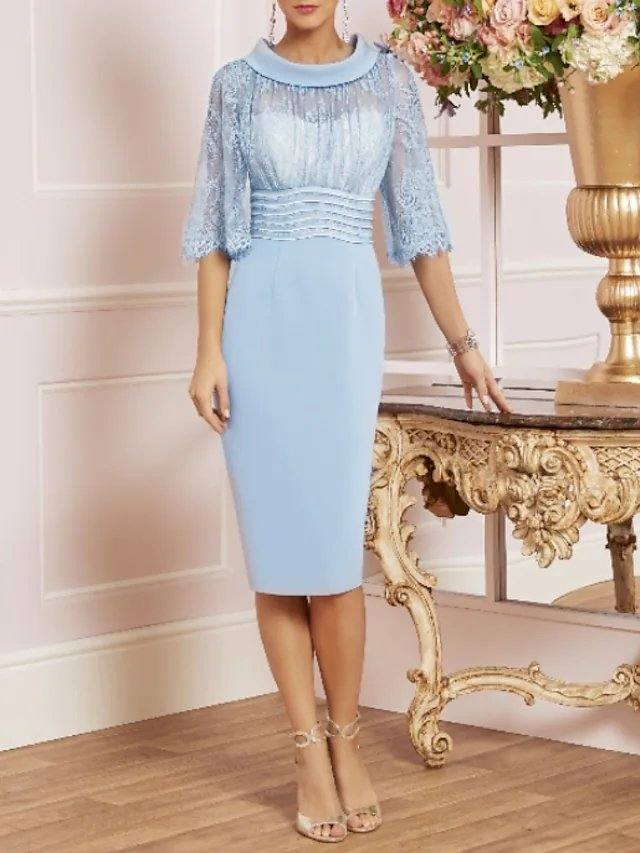 Sheath / Column Mother of the Bride Dress See Through Jewel Neck Knee Length Charmeuse Half Sleeve with Lace Sash / Ribbon - RongMoon