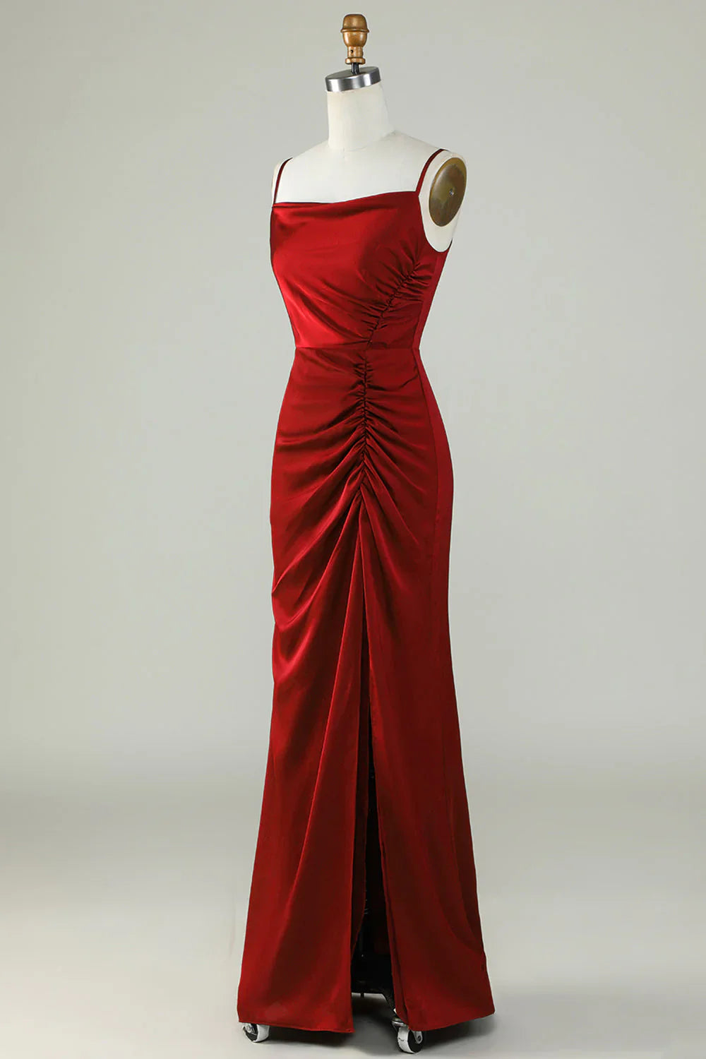 Thin shoulder strap wine red front slit long bridesmaid dress