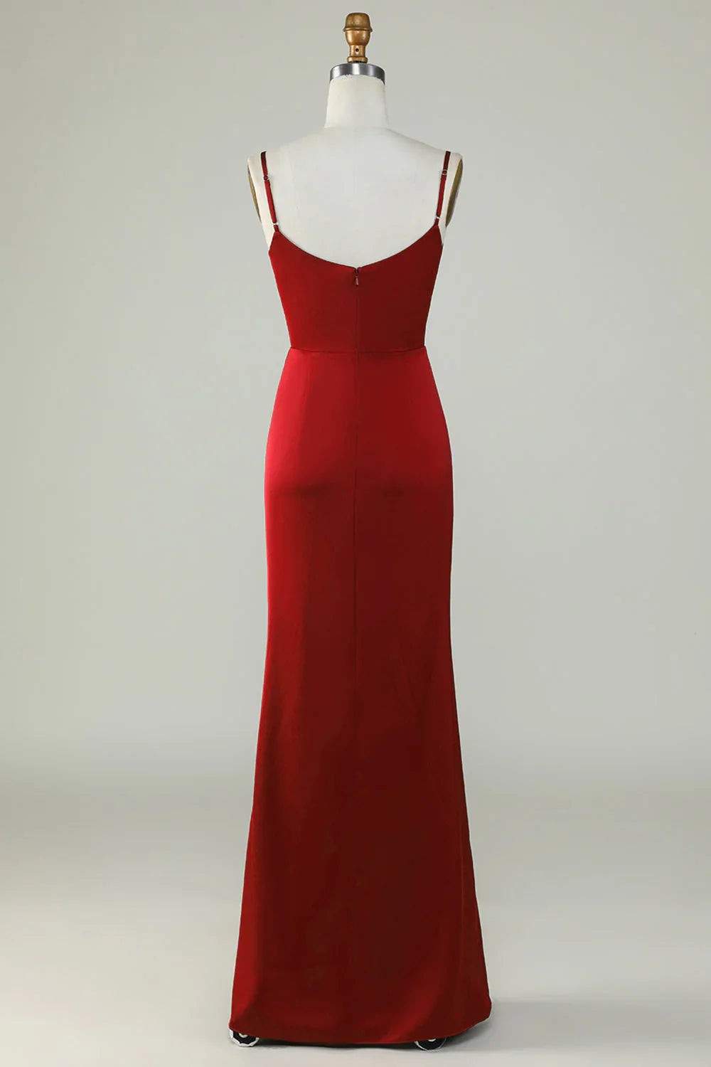 Thin shoulder strap wine red front slit long bridesmaid dress