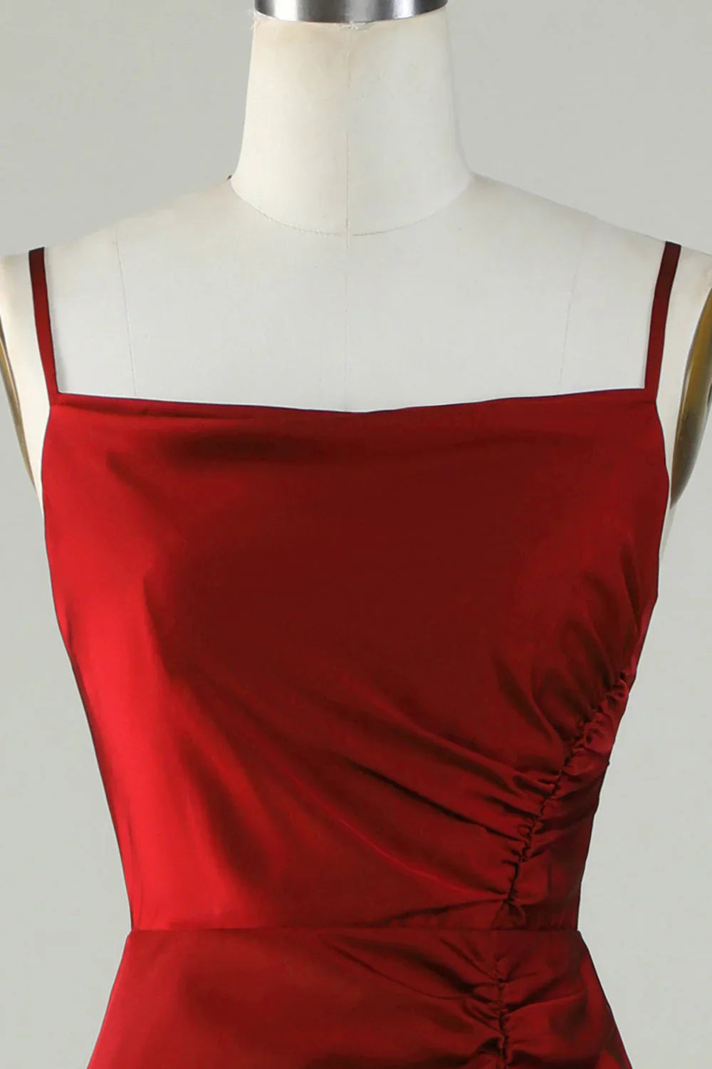 Thin shoulder strap wine red front slit long bridesmaid dress