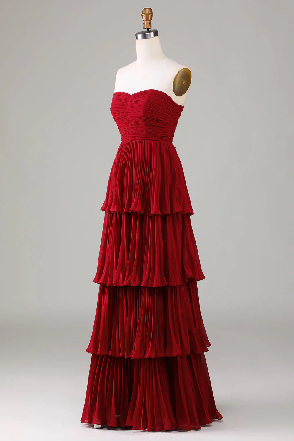 Strapless layered wine red long bridesmaid dress