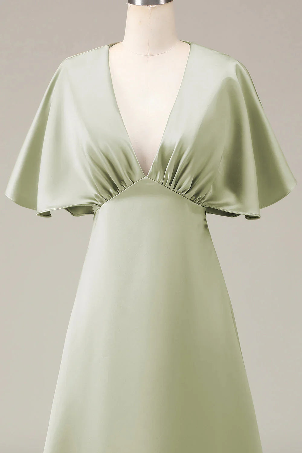 A-line V-neck short sleeved satin bridesmaid dress