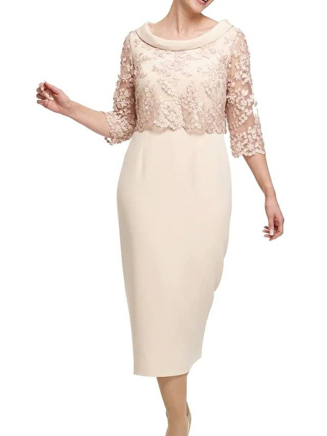 Sheath / Column Mother of the Bride Dress Elegant Jewel Neck Knee Length Lace Satin 3/4 Length Sleeve with Appliques - RongMoon