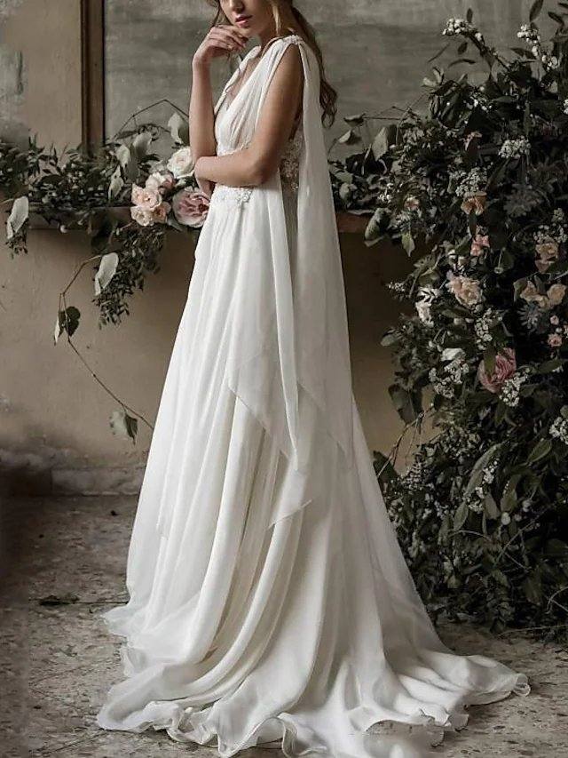 A-Line Wedding Dresses Jewel Neck Chapel Train Chiffon Sleeveless Beach with Pleats Lace Insert - RongMoon