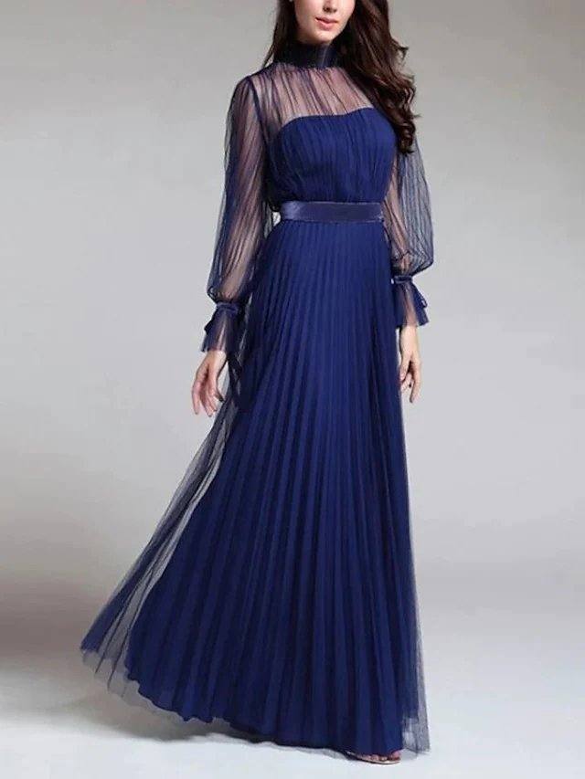 A-Line Mother of the Bride Dress Elegant See Through High Neck Floor Length Tulle Long Sleeve with Sash / Ribbon Pleats - RongMoon