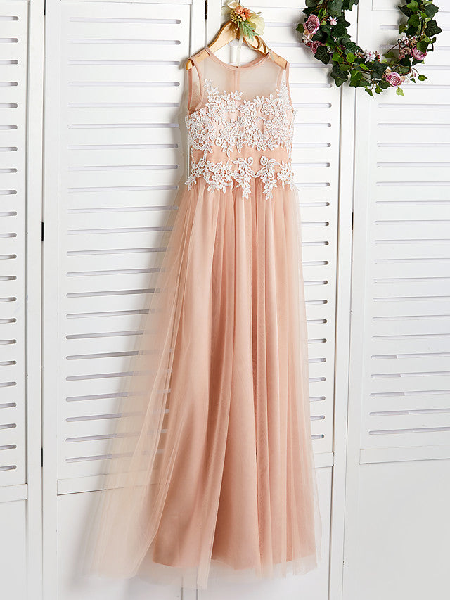 A-Line Jewel Neck Brush Train Flower Girl Dress with Lace Tulle and Appliques