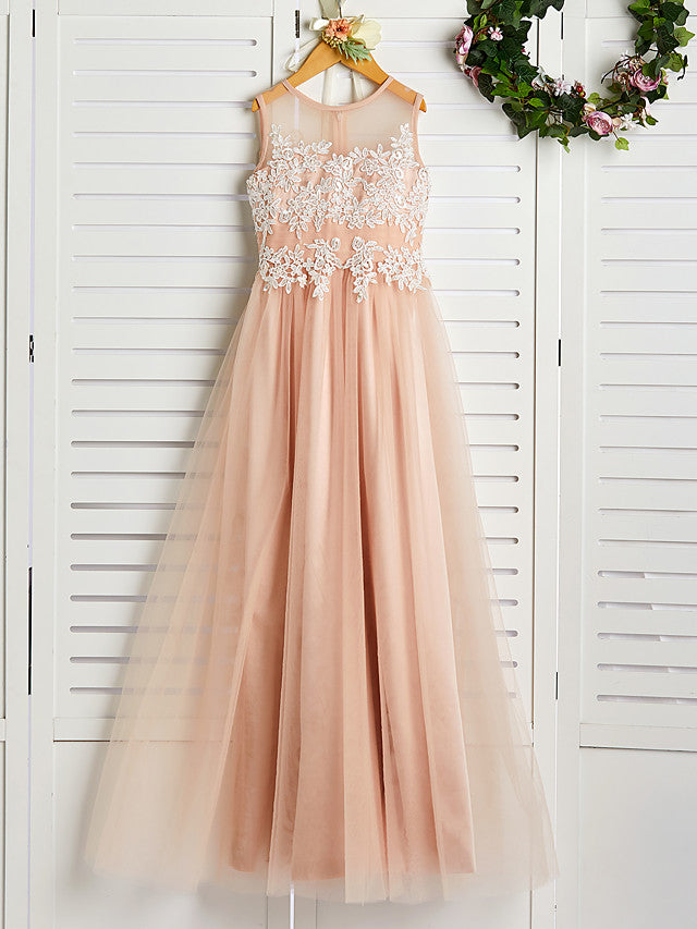 A-Line Jewel Neck Brush Train Flower Girl Dress with Lace Tulle and Appliques