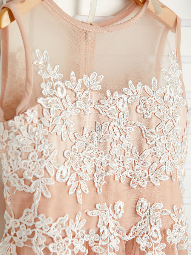 A-Line Jewel Neck Brush Train Flower Girl Dress with Lace Tulle and Appliques