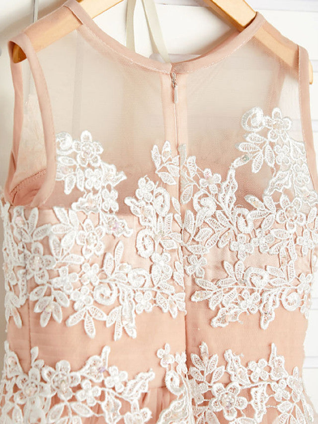 A-Line Jewel Neck Brush Train Flower Girl Dress with Lace Tulle and Appliques