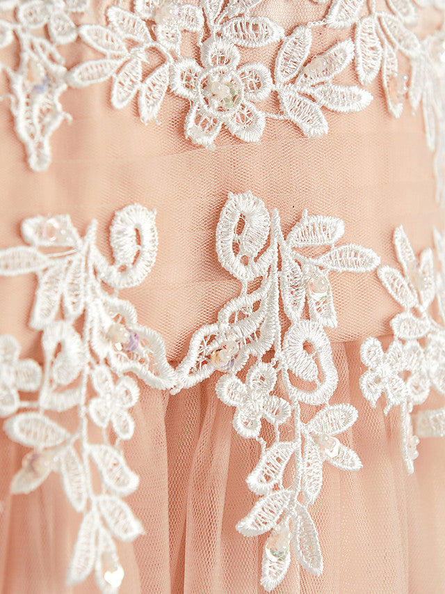 A-Line Jewel Neck Brush Train Flower Girl Dress with Lace Tulle and Appliques