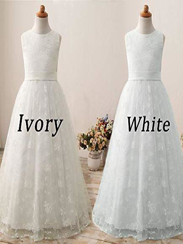A-Line Jewel Sleeveless Flower Girl Dress with Lace and Belt