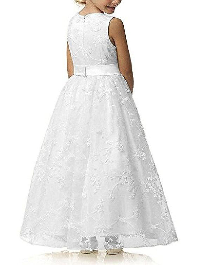A-Line Jewel Sleeveless Flower Girl Dress with Lace and Belt
