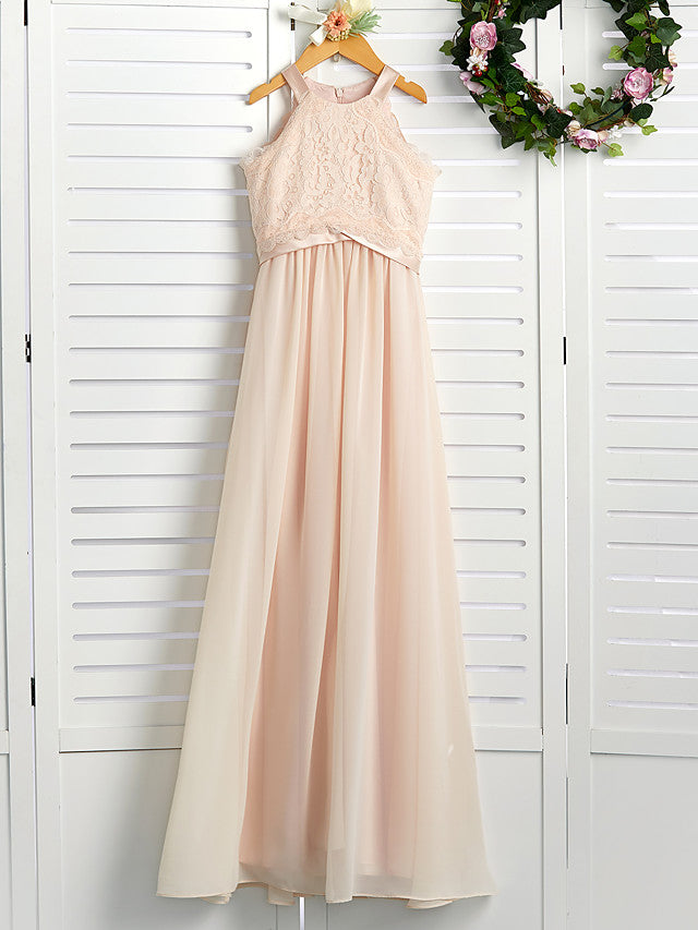 A-Line Junior Bridesmaid Dress with Chiffon Lace Sash & Ribbon