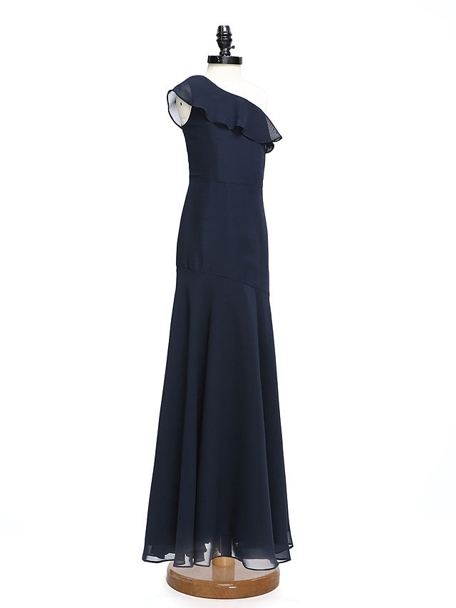 A-Line One Shoulder Floor Length Chiffon Junior Bridesmaid Dress with Ruffles for Natural Look