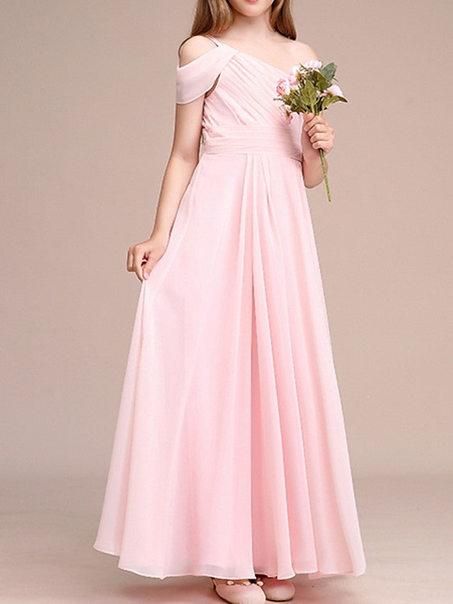 A-Line One Shoulder Flower Girl Dress With Ruching for Ankle Length