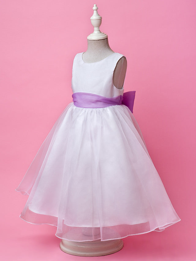 A-Line Satin Sleeveless Jewel Flower Girl Dress with Buttons