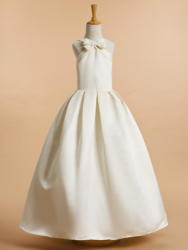 A-Line Satin Sleeveless V Neck Flower Girl Dresses with Bow