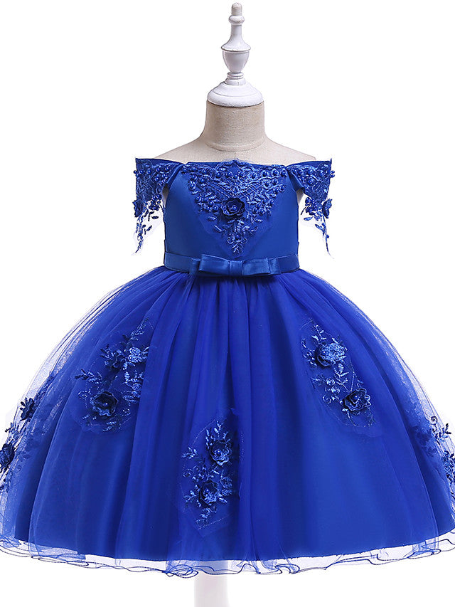A-Line Short Sleeve Off Shoulder Flower Girl Dress with Petal Sash Ribbon Trim